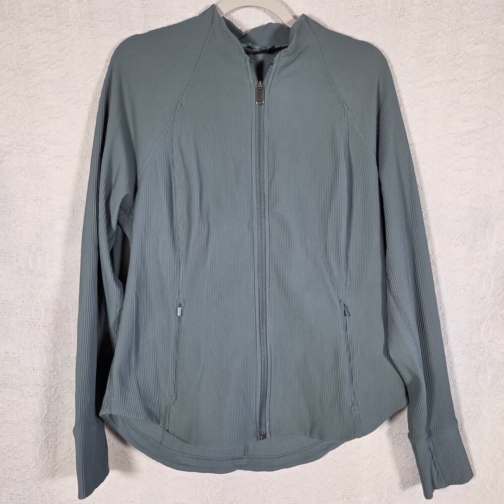 Athleta Zip Up Jacket Womens XL Green Ribbed Thumbholes Athletic Workout Top